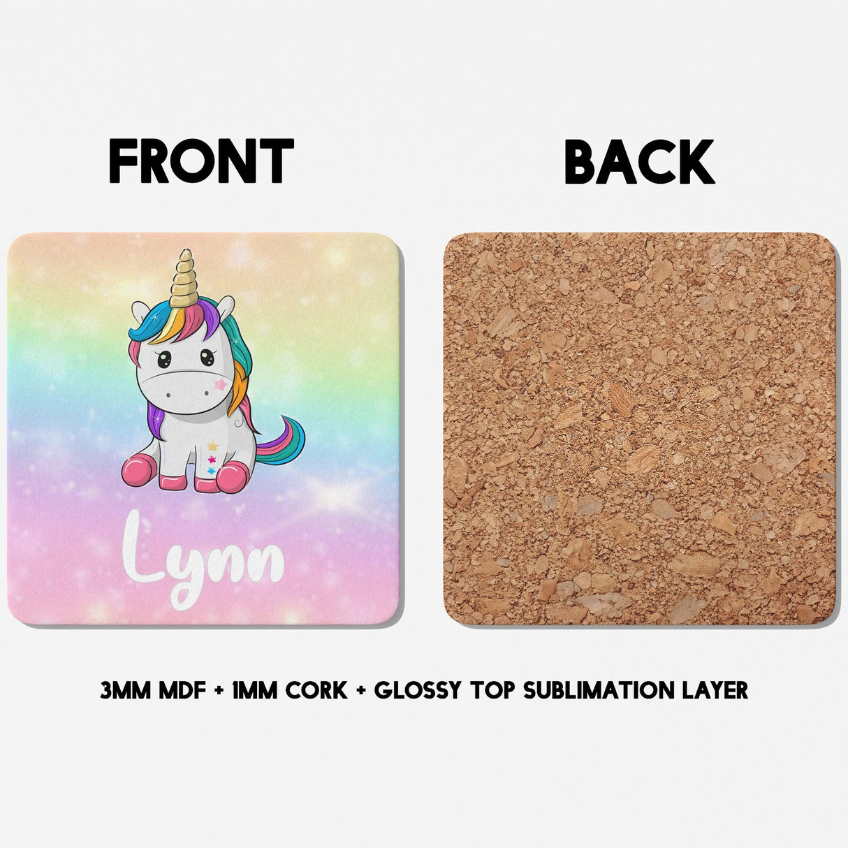 Personalised Custom Name Cute Rainbow Unicorn Mug & Coaster Set Gift for Kids