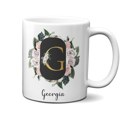 Personalised Floral Frame Gold Floral Name Initial Letter Mug Gift 11oz Ceramic