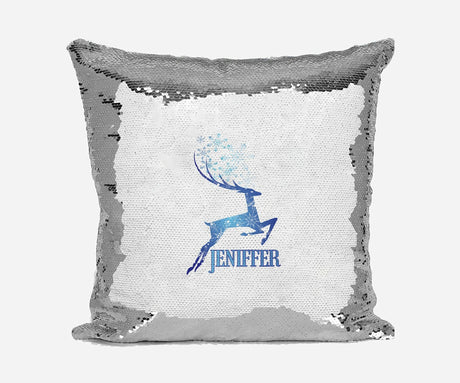 Personalised Name Shiny Sequin Magic Winter Stag Cushion Cover + Pillow