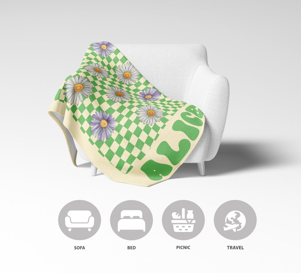 Personalised Custom Name Colour Retro Daisy Check Soft Warm Fleece Blanket Decor