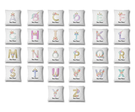 Personalised Unicorn Sparkly Kids Girls Monogram Alphabet Initial Letter Cushion