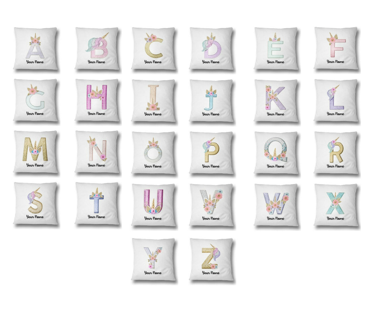 Personalised Unicorn Sparkly Kids Girls Monogram Alphabet Initial Letter Cushion