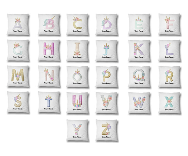 Personalised Unicorn Sparkly Kids Girls Monogram Alphabet Initial Letter Cushion