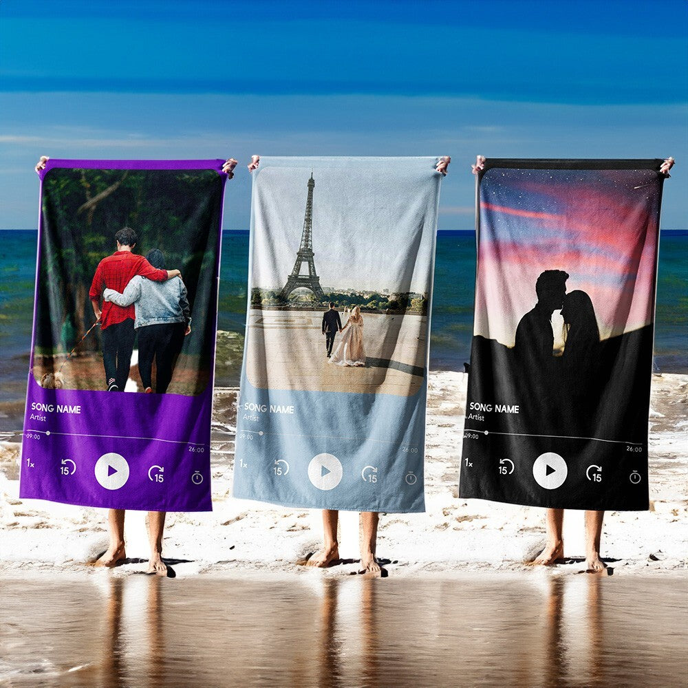 Upload Your Photo Music Player Custom Soft Absorbent Beach Bath Sheet Towel