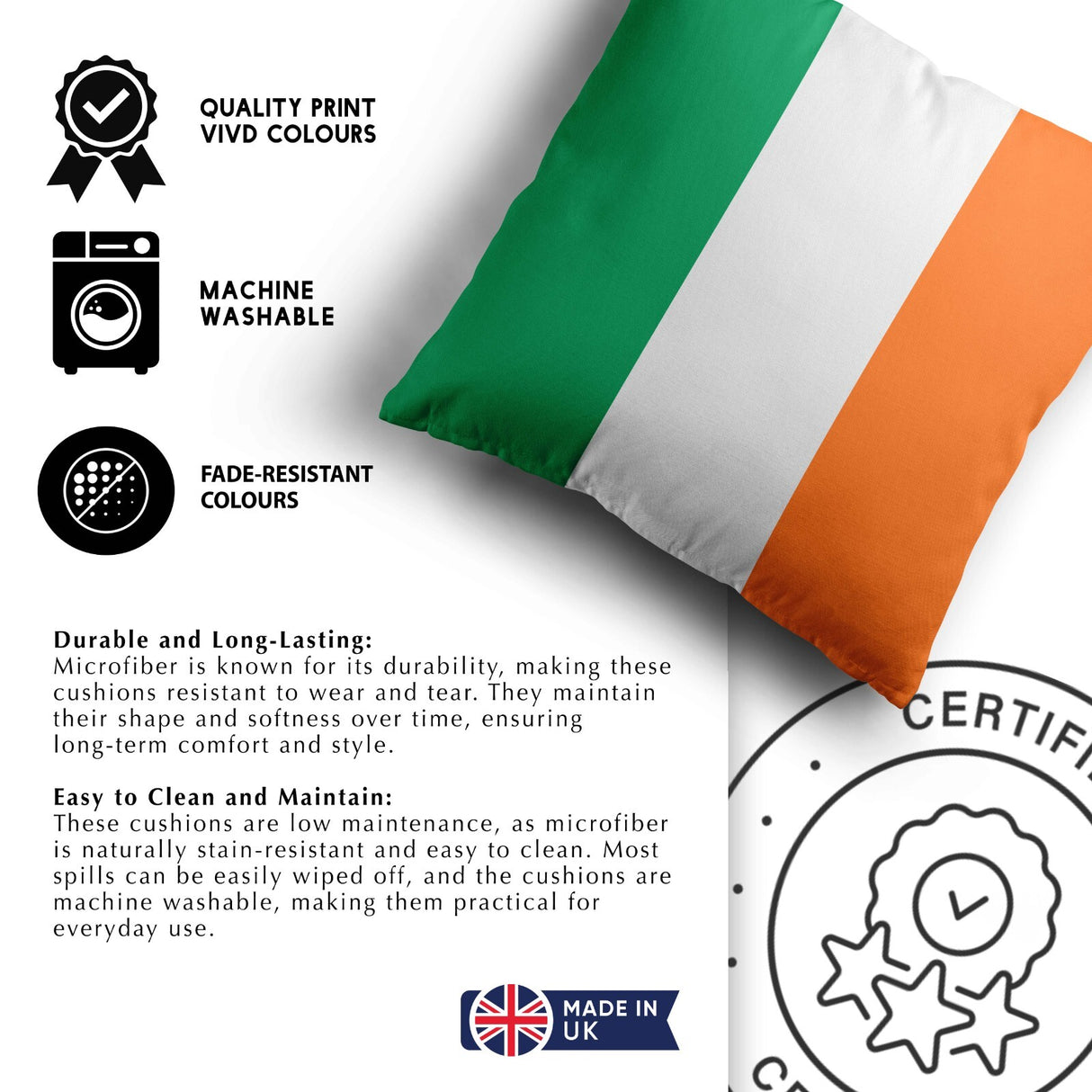 Ireland Flag Irish Tricolour Soft Square Filled Cushion Decorative Throw Gift