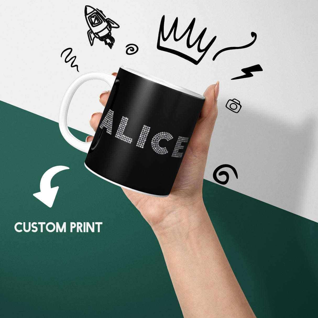 Personalised Name Diamond Gems Bling Font Coffee Tea Mug Coaster Gift Him Her