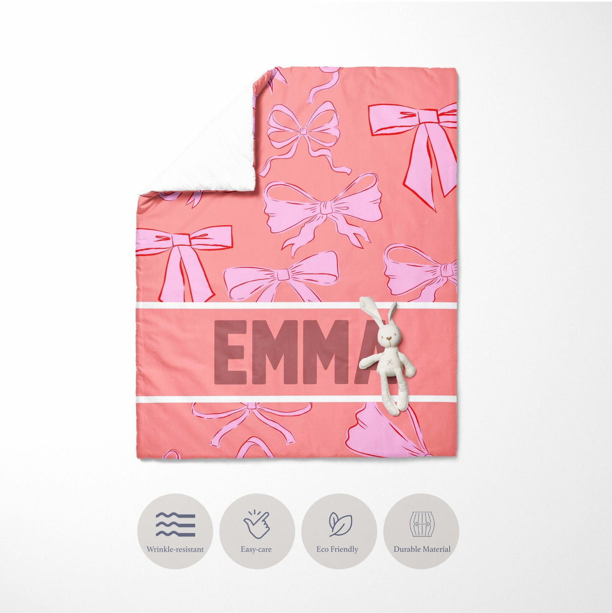 Personalised Name Coloured Pink Bows Kids Cot Bed Duvet Cover + Pillowcase