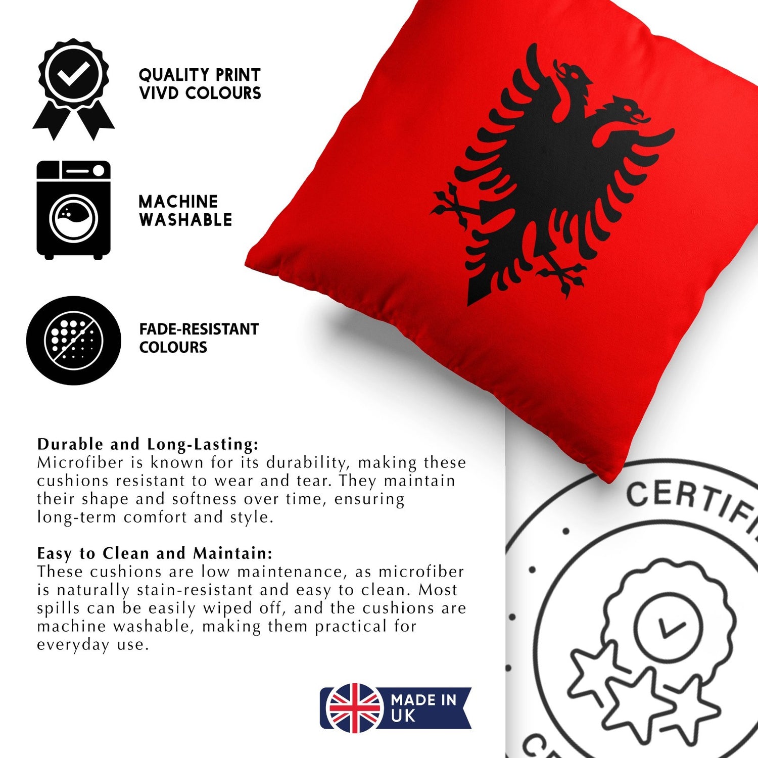 Albania Flag Design Filled Square Cushion - Decorative Throw Cosy Gift Any Size