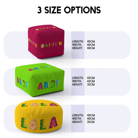 Personalised Name Dinosaur Alphabet Font Ottoman Filled Pouffe Washable Cover