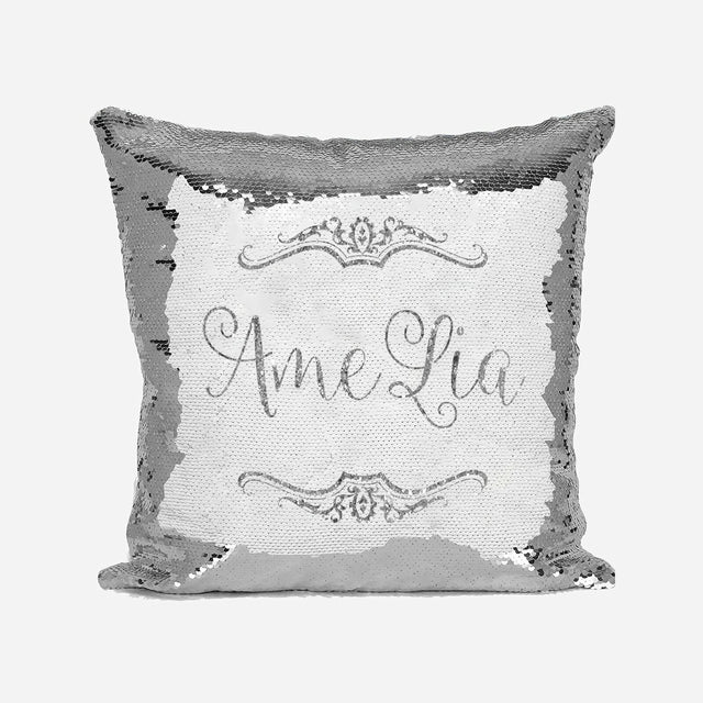 Personalised Name Shiny Sequin Magic Scroll Border Cushion Cover + Pillow Kids