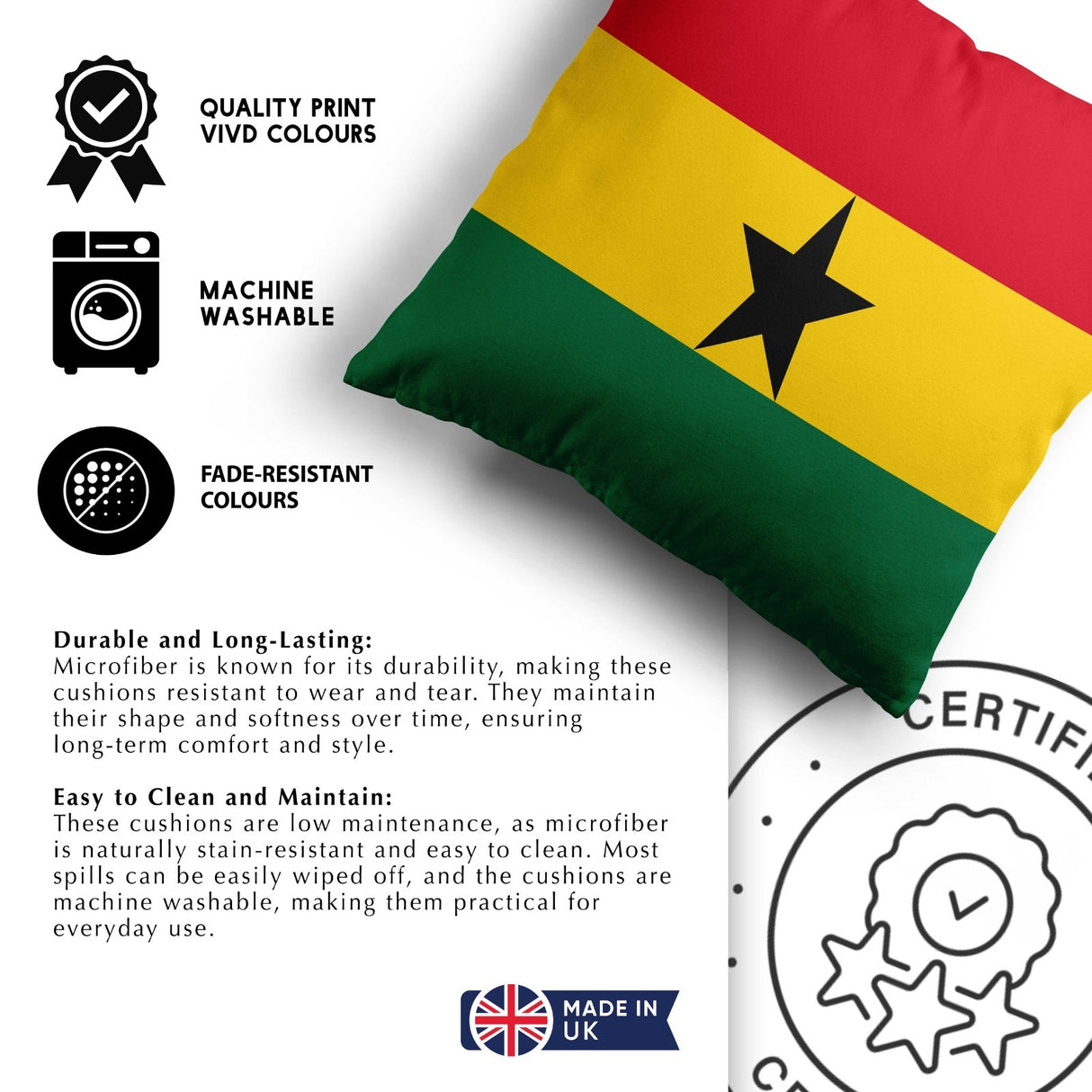 Ghana Flag Ghanaian Design Filled Square Cushion Decorative Throw Soft Gift Size