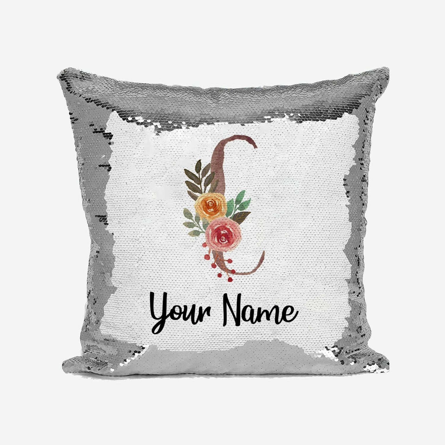 Personalised Floral Watercolour Effect Alphabet Sequin Magic Cushion + Pillow