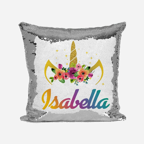 Personalised Name Shiny Sequin Magic Unicorn Floral Cushion Cover + Pillow Kids