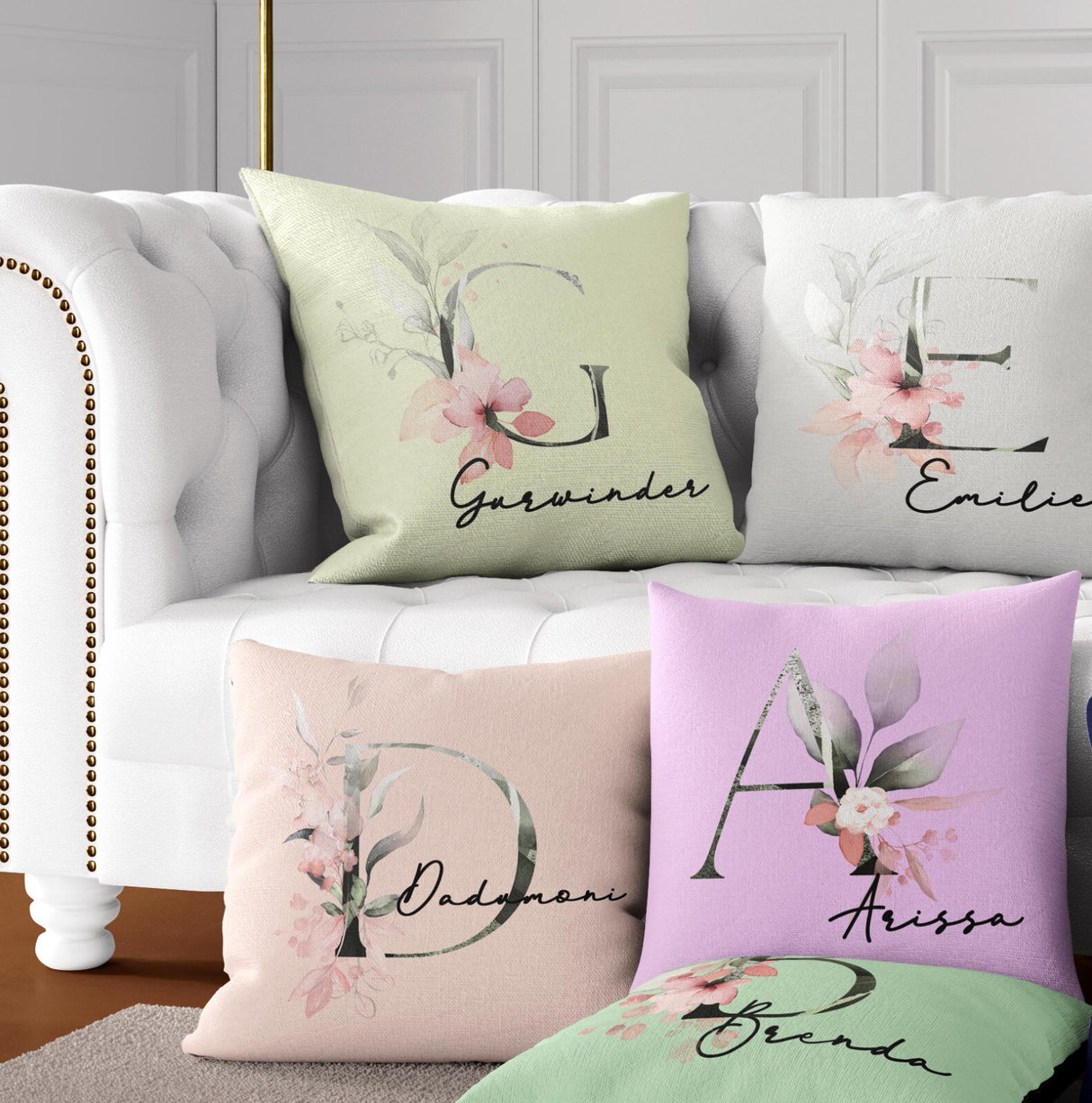 Personalised Name Botanical Blush Initial Letters Square Fill Zip Cushion Throw