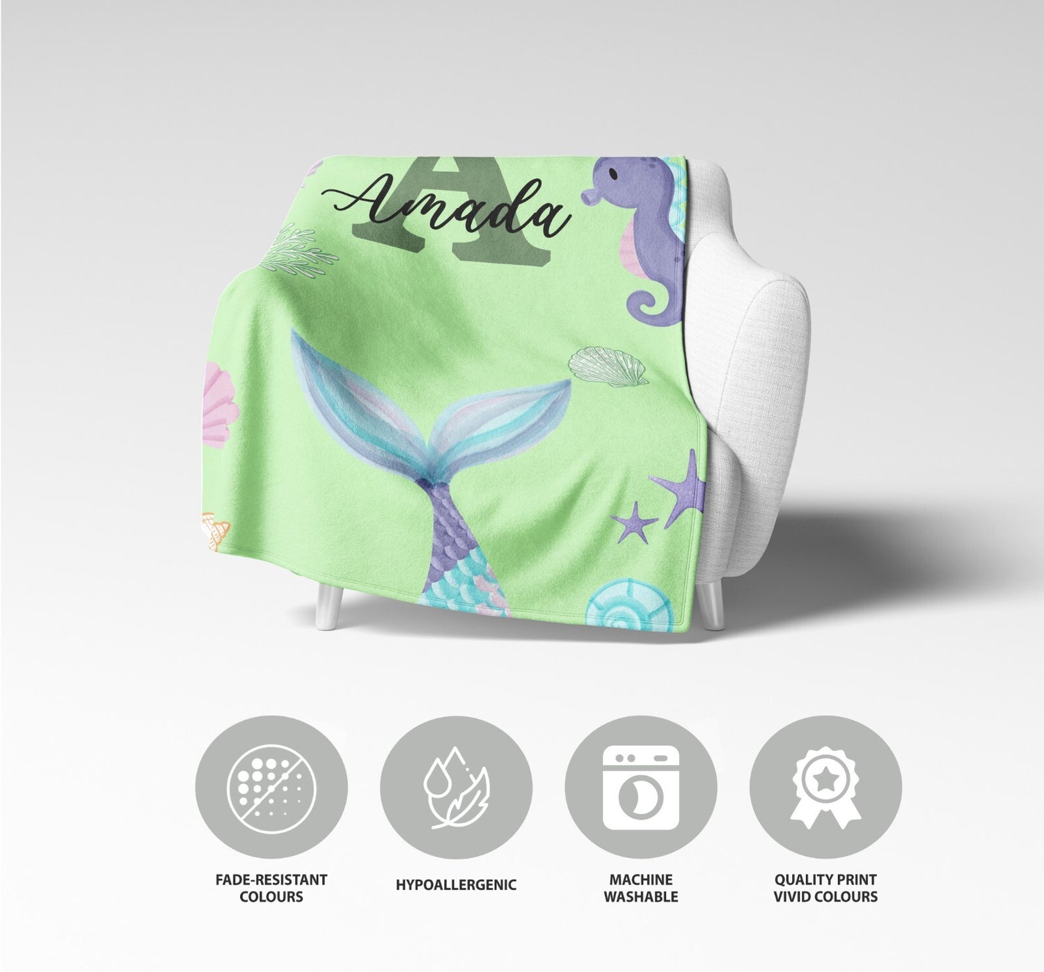 Personalised Name Colour Mermaid Tail Monogram Kids Soft Fleece Blanket Decor