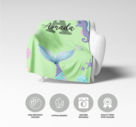 Personalised Name Colour Mermaid Tail Monogram Kids Soft Fleece Blanket Decor