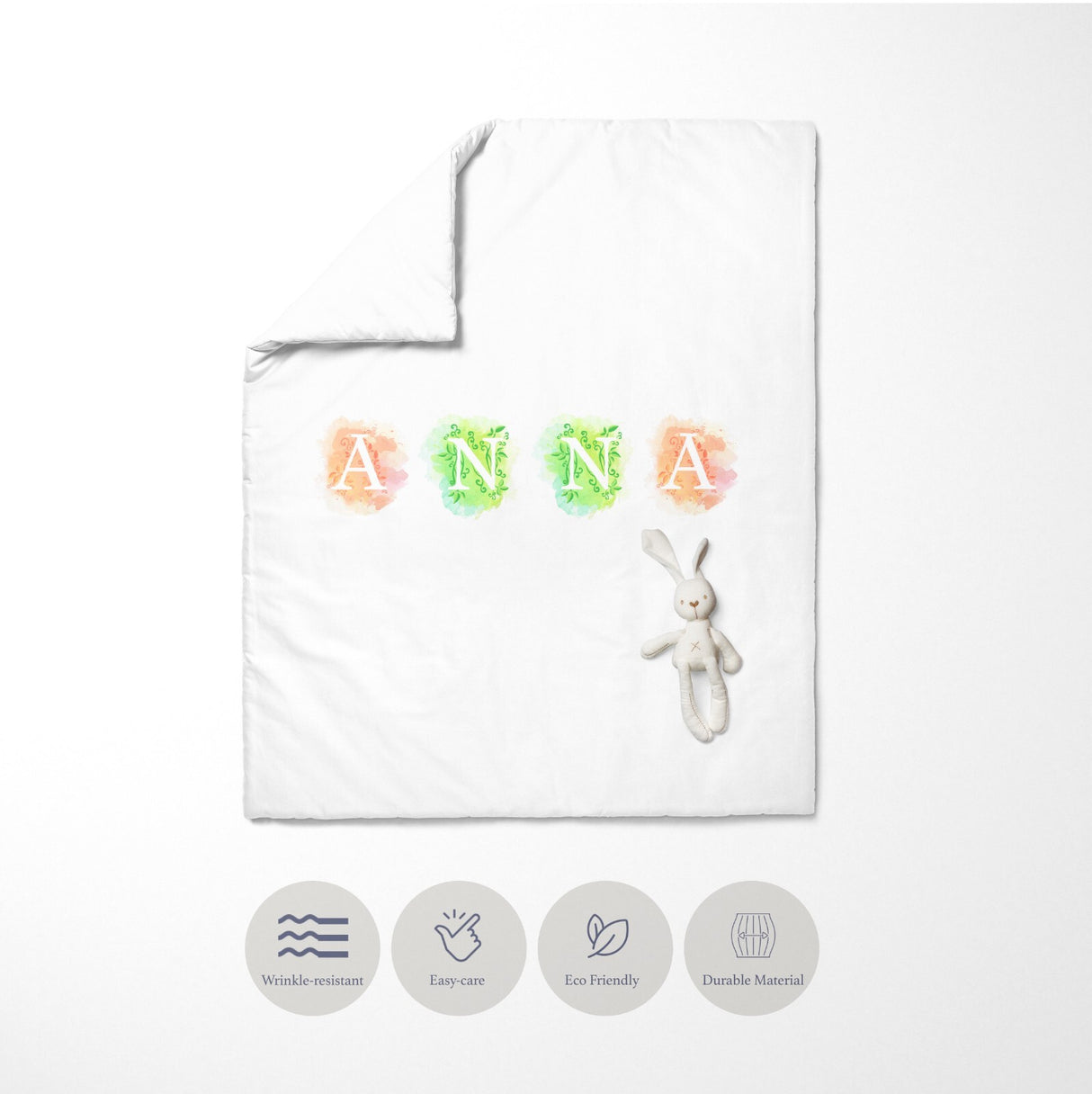 Personalised Name Watercolour Letters Font Kids Cot Bed Duvet Cover + Pillowcase