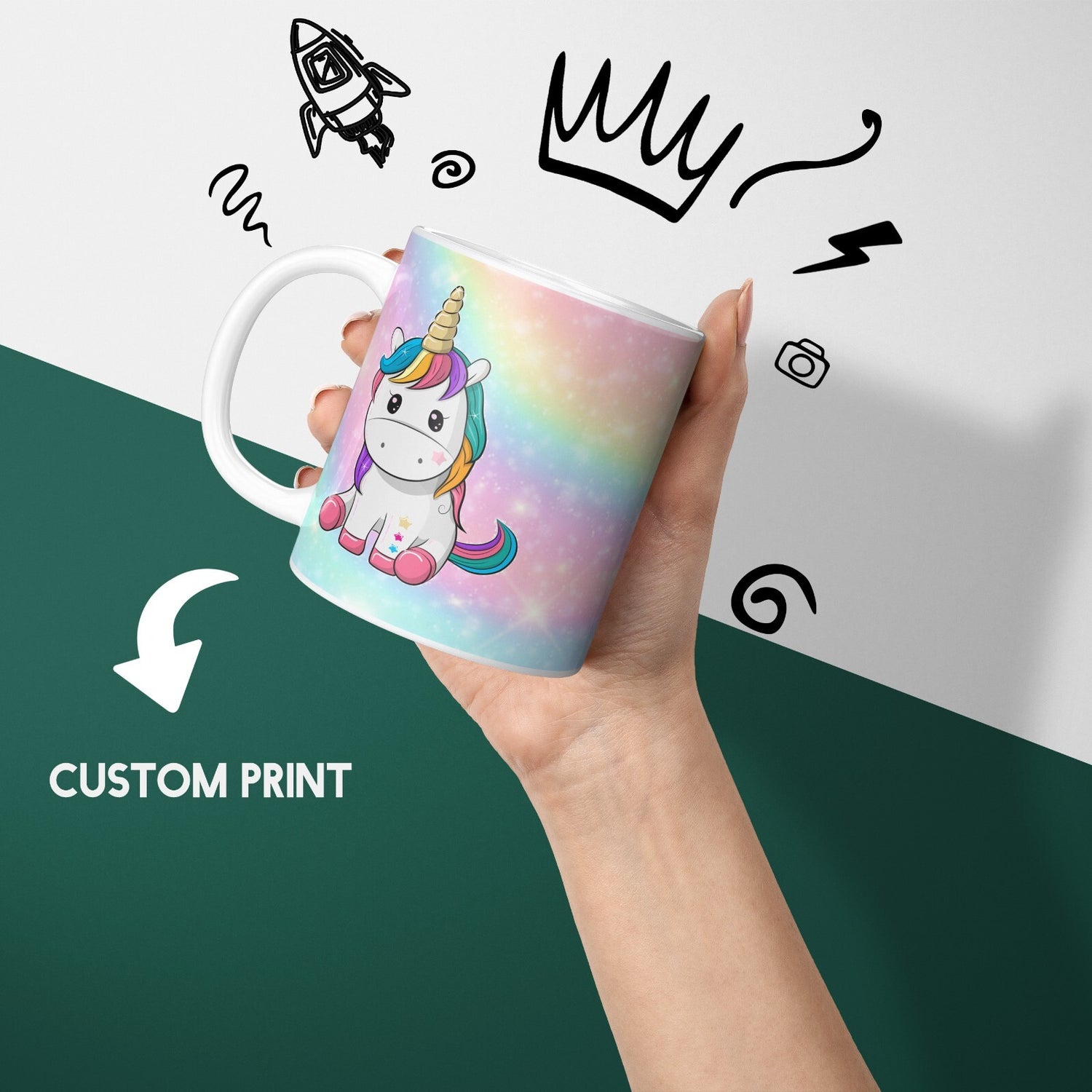 Personalised Custom Name Cute Rainbow Unicorn Mug & Coaster Set Gift for Kids