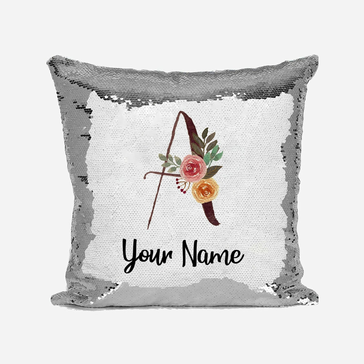 Personalised Floral Watercolour Effect Alphabet Sequin Magic Cushion + Pillow
