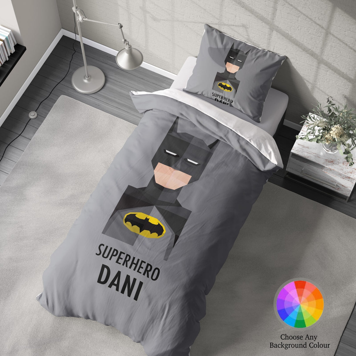 Superhero Personalised Name Custom Colour Single Bed Duvet Cover Pillowcase Set