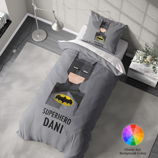 Superhero Personalised Name Custom Colour Single Bed Duvet Cover Pillowcase Set