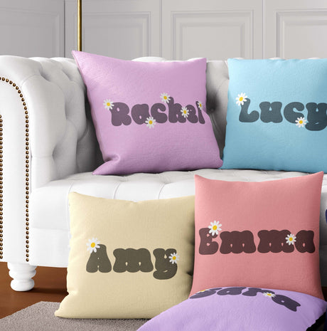 Personalised Custom Name Colour Groovy Daisy Font Square Fill Zip Cushion Throw