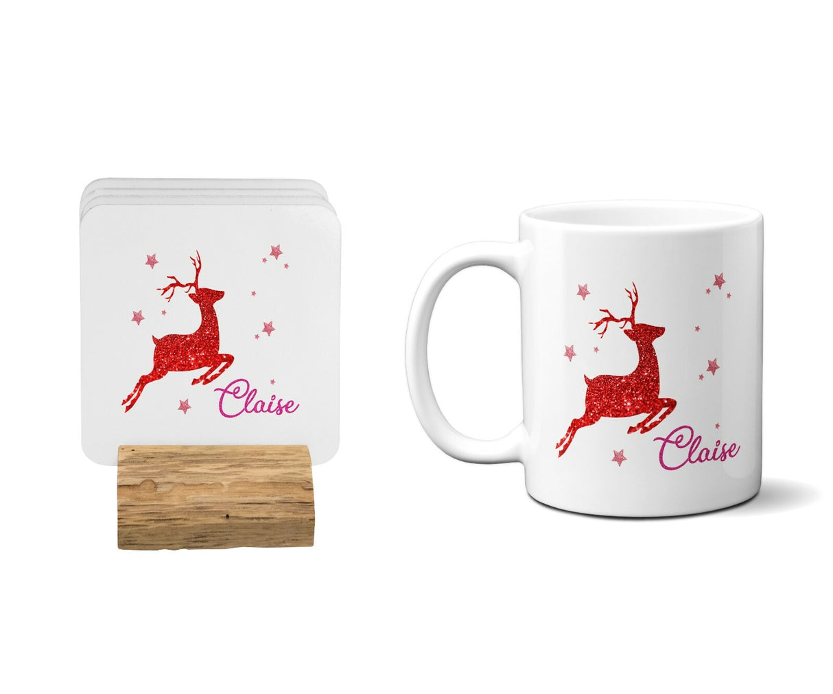 Personalised Name Xmas Reindeer Coffee Tea Mug Gift 11oz Mug + Coaster