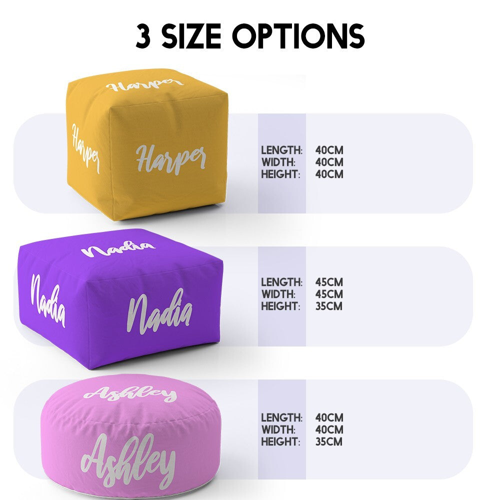 Personalised Custom Name Colour Script Font Ottoman Filled Pouffe Washable Cover