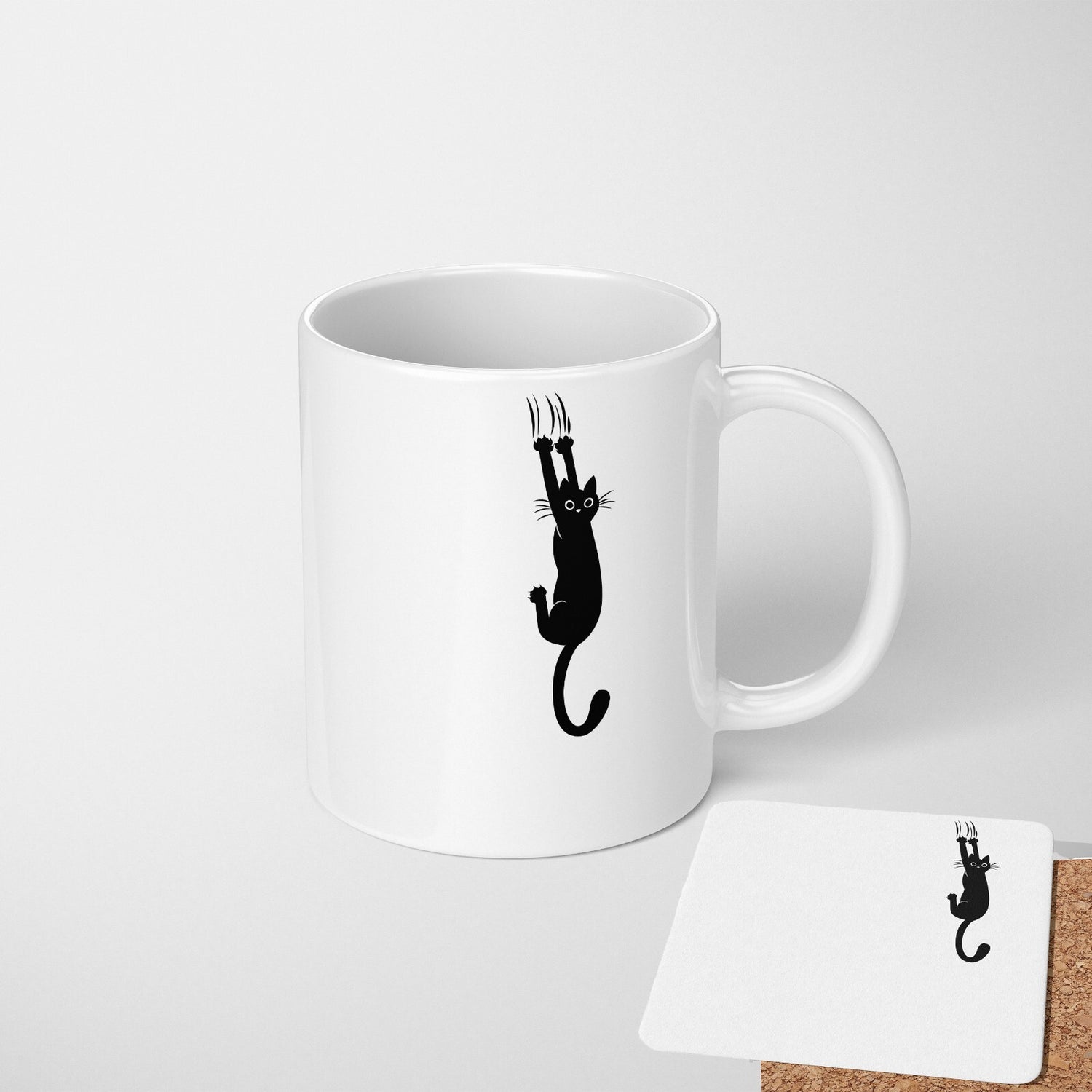Black Cat Slipping Novelty Custom Coffee Tea Mug Coaster Set Option Gift Him Her
