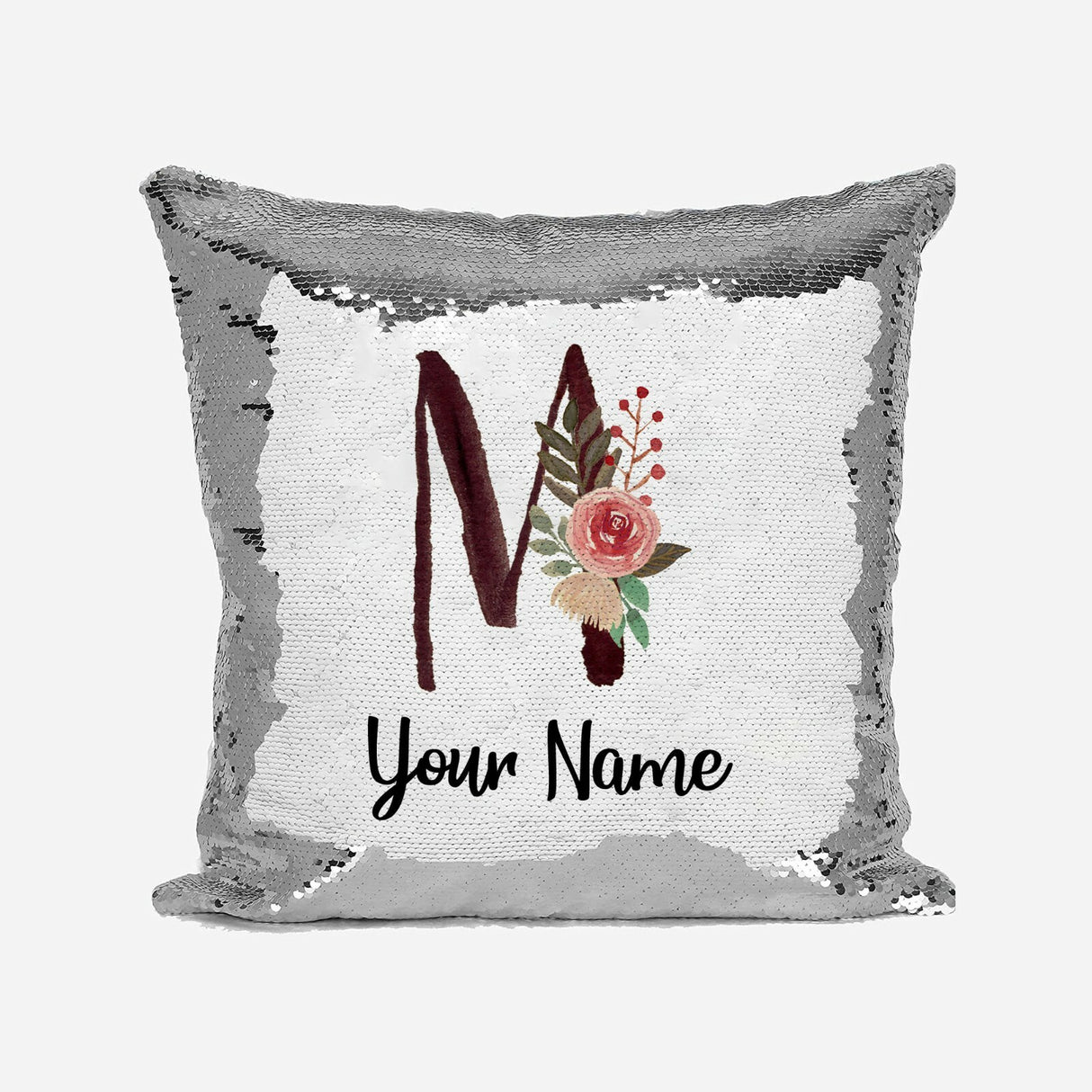 Personalised Floral Watercolour Effect Alphabet Sequin Magic Cushion + Pillow
