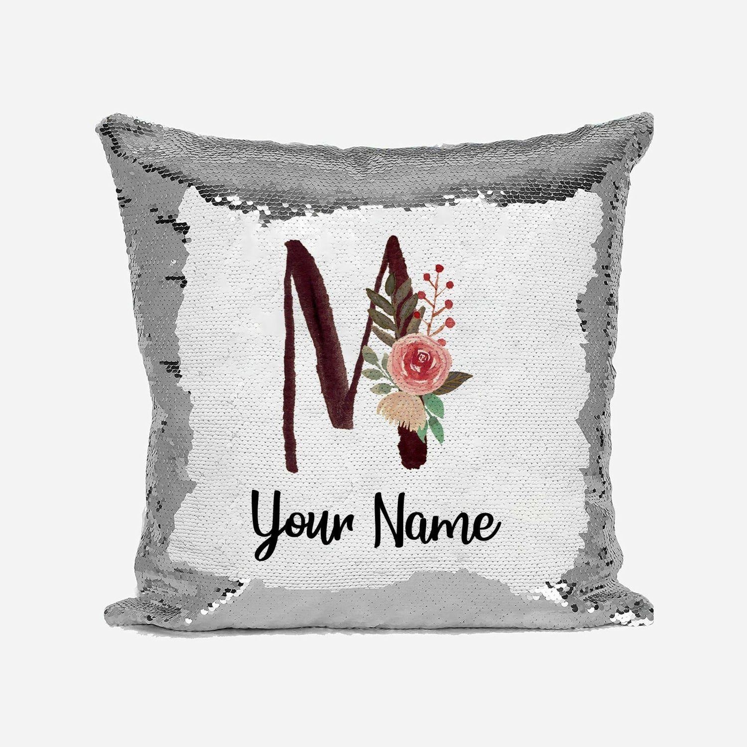 Personalised Floral Watercolour Effect Alphabet Sequin Magic Cushion + Pillow