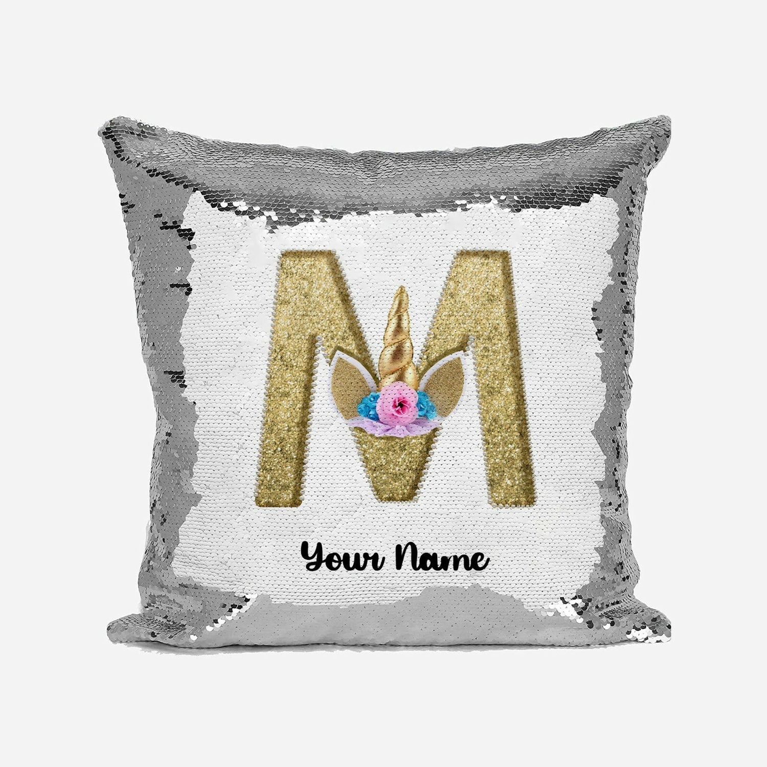 Personalised Unicorn Sparkly Monogram Alphabet Sequin Magic Cushion Cover+Pillow