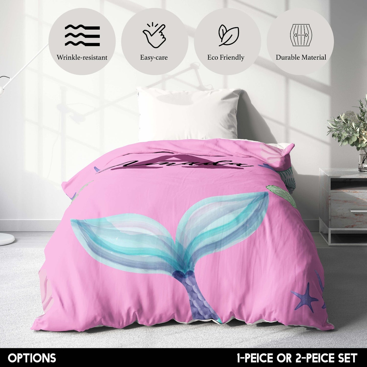 Personalised Name Mermaid Tail Monogram Font Single Bed Duvet Cover + Pillowcase