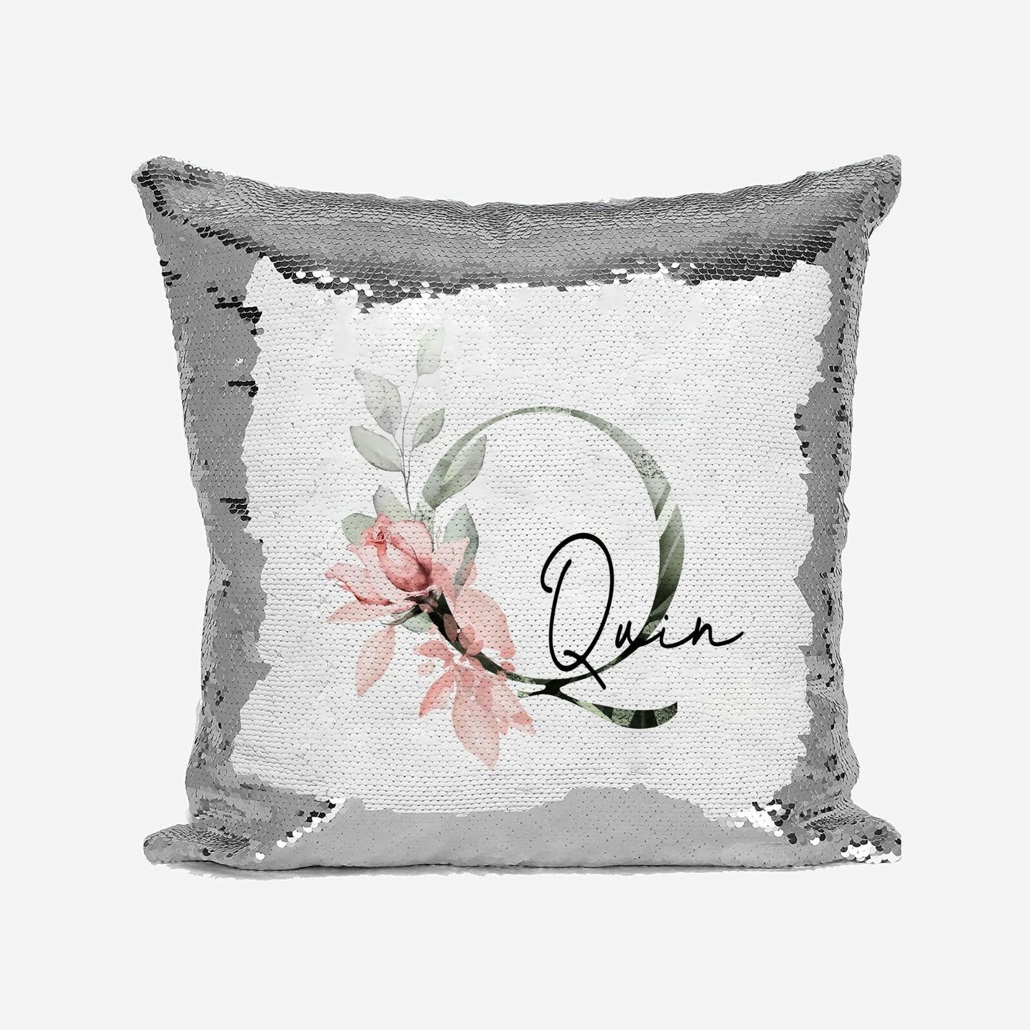 Personalised Gentle Botanical Blush Sequin Magic Cushion Cover + Pillow Kids