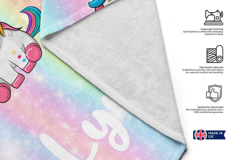 Personalised Custom Name Rainbow Unicorn Kids Novelty Warm Fleece Blanket Decor