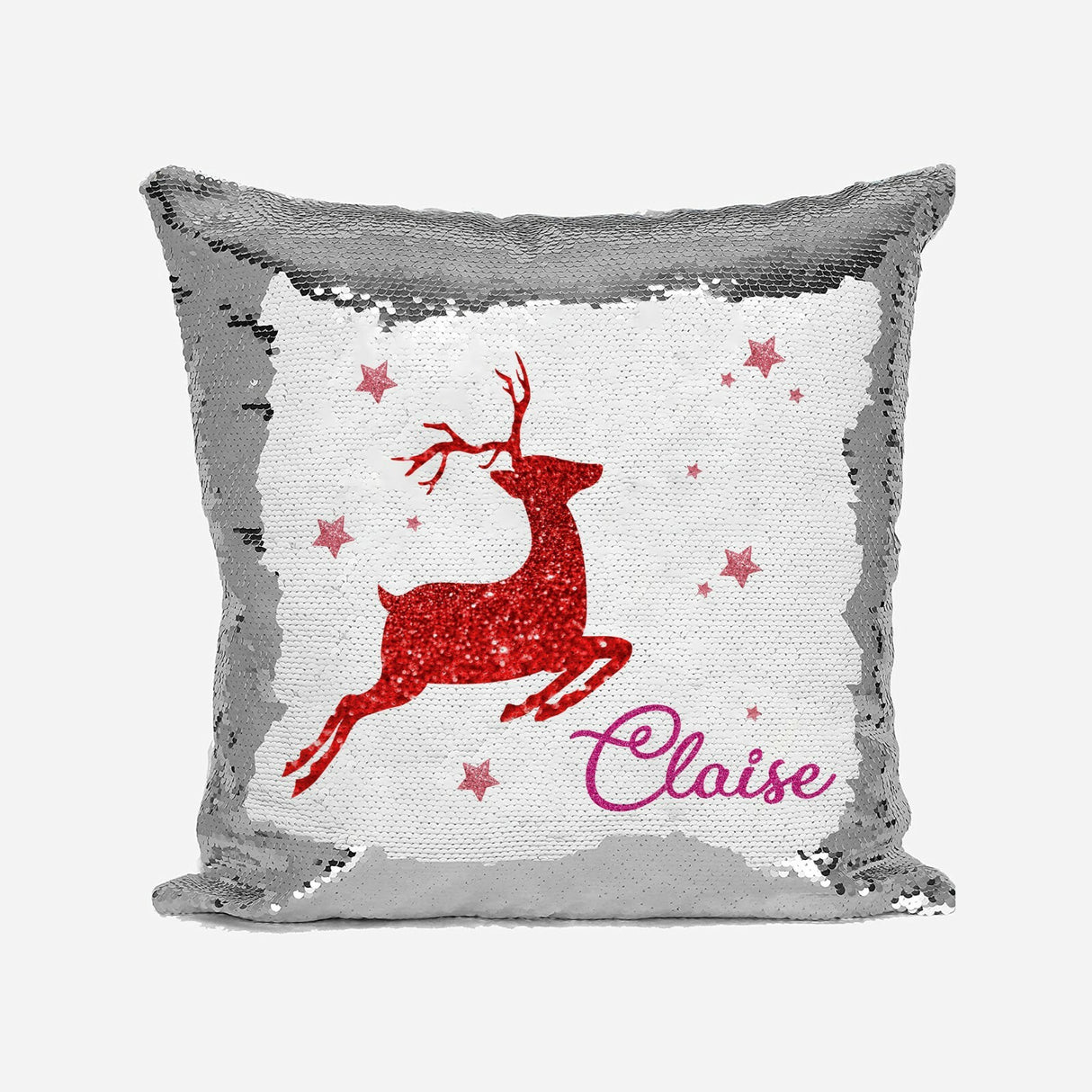 Personalised Name Shiny Sequin Magic Xmas Reindeer Gold Cushion Cover + Pillow
