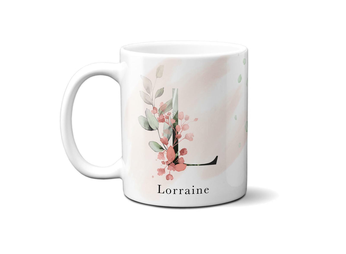 Gentle Touch Blush Pink Design Name Initial Letter Coffee Mug Gift 11oz Ceramic