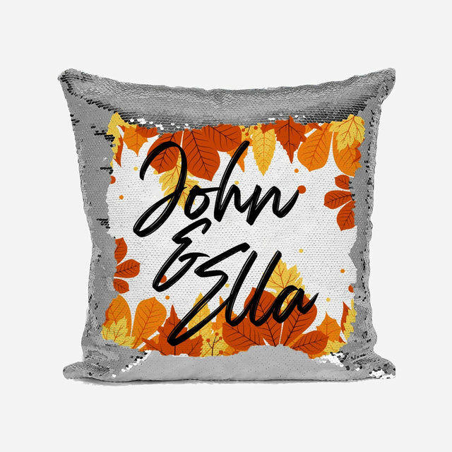 Personalised Name Shiny Sequin Magic Autumn Leaves Cushion Cover + Pillow Kids