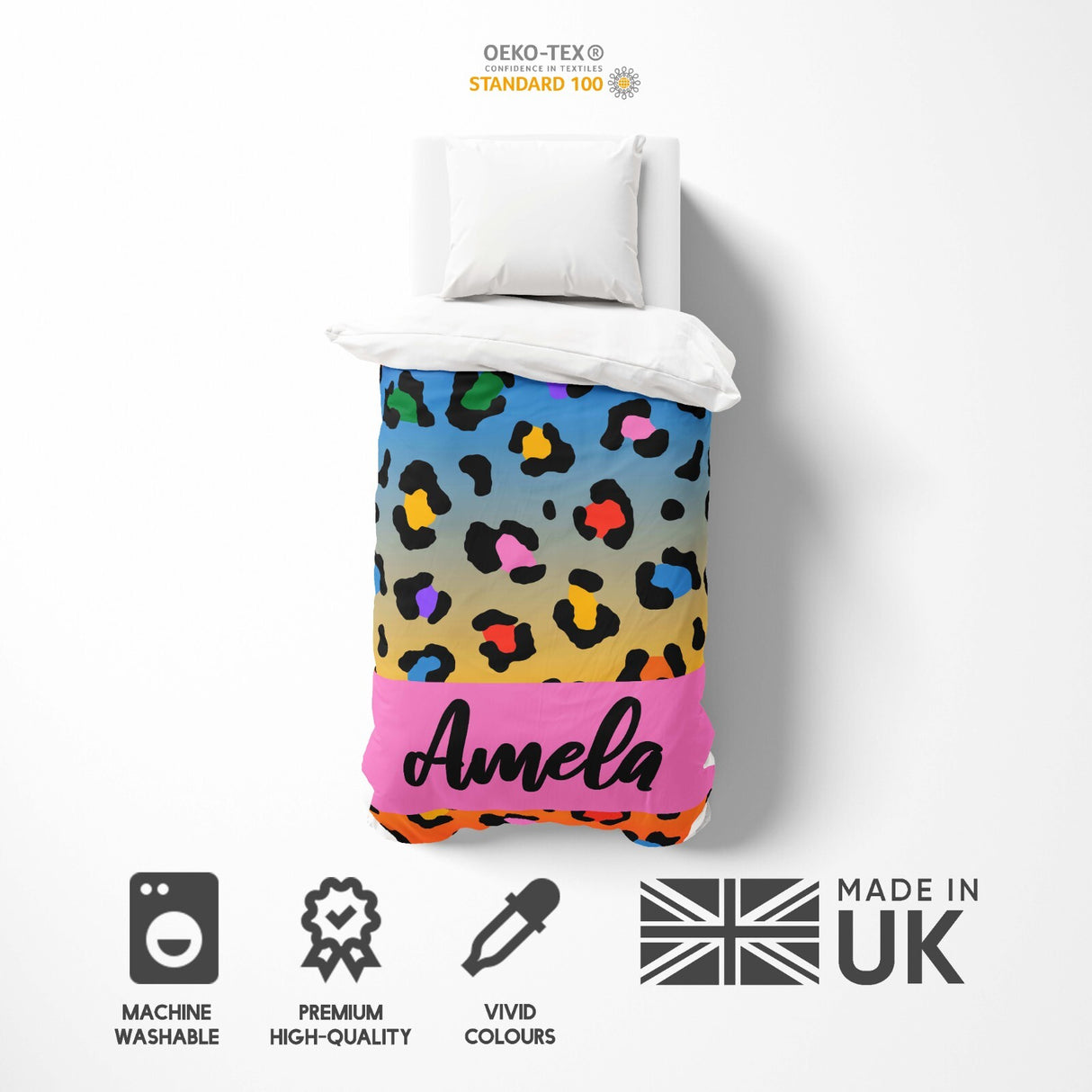 Personalised Name Leopard Spots Multicolour Single Bed Duvet Cover + Pillowcase