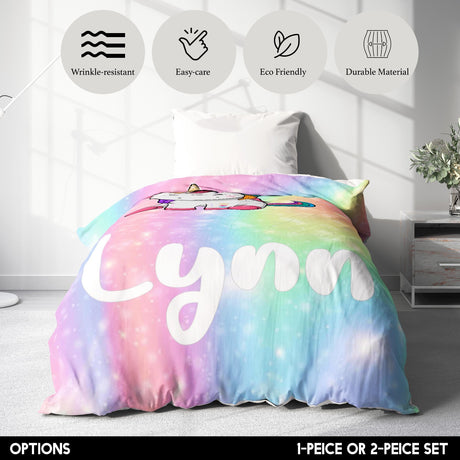 Personalised Custom Name Rainbow Unicorn Kids Single Bed Duvet Cover Pillowcase