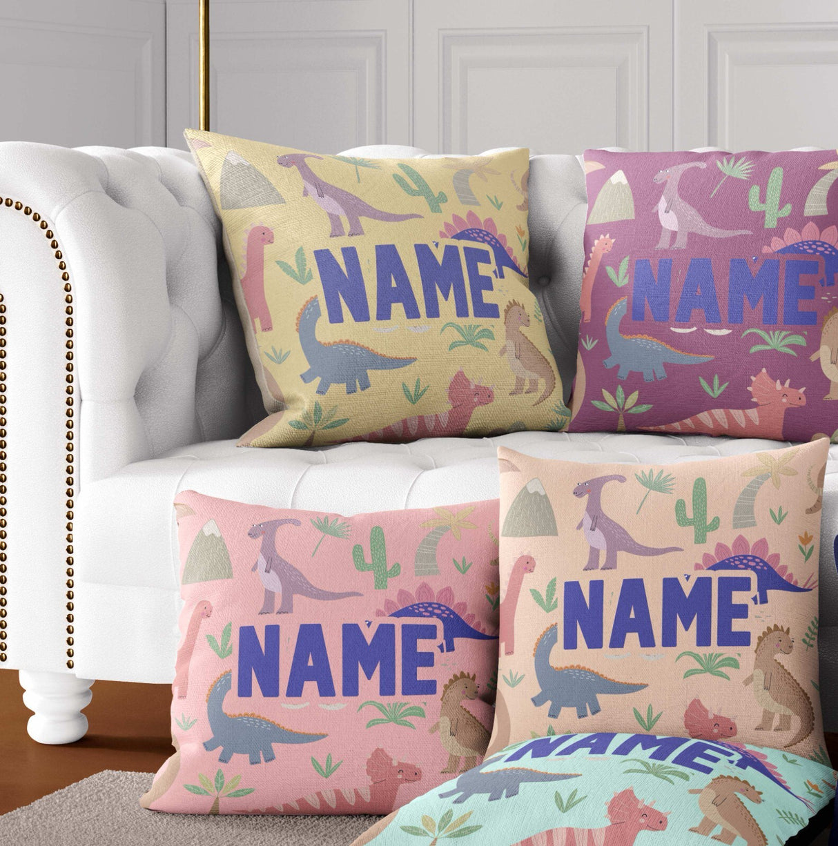 Personalised Custom Name Dinosaurs Clip Art Square Filled Zipped Cushion Throw