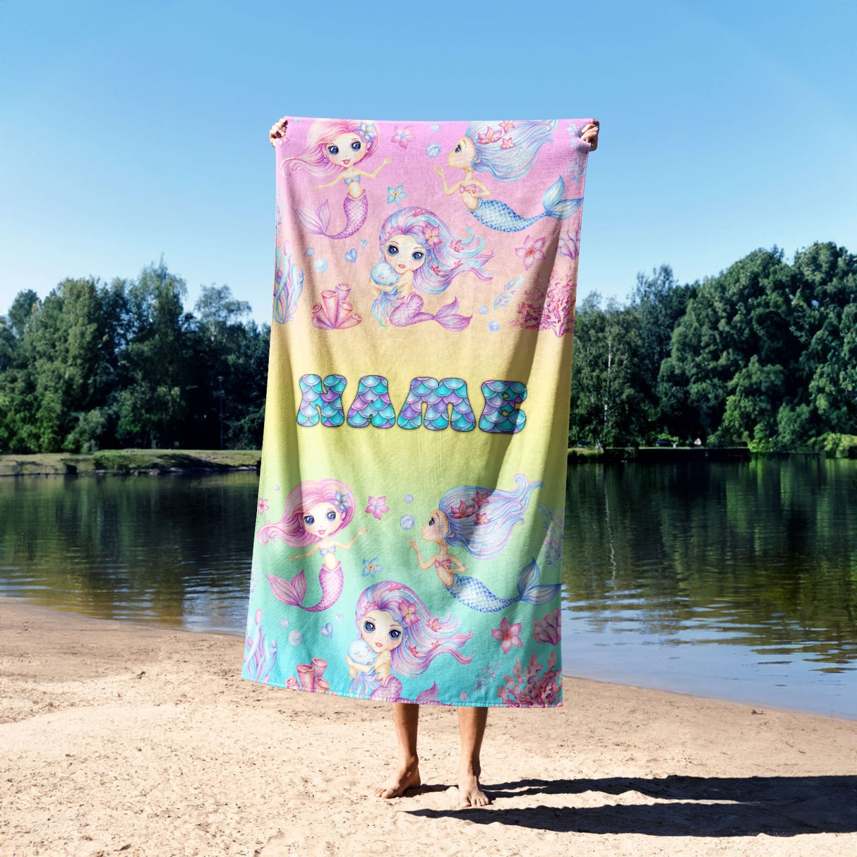 Personalised Name Mermaids + Jellyfish Soft Absorbent Beach Bath Sheet Towel