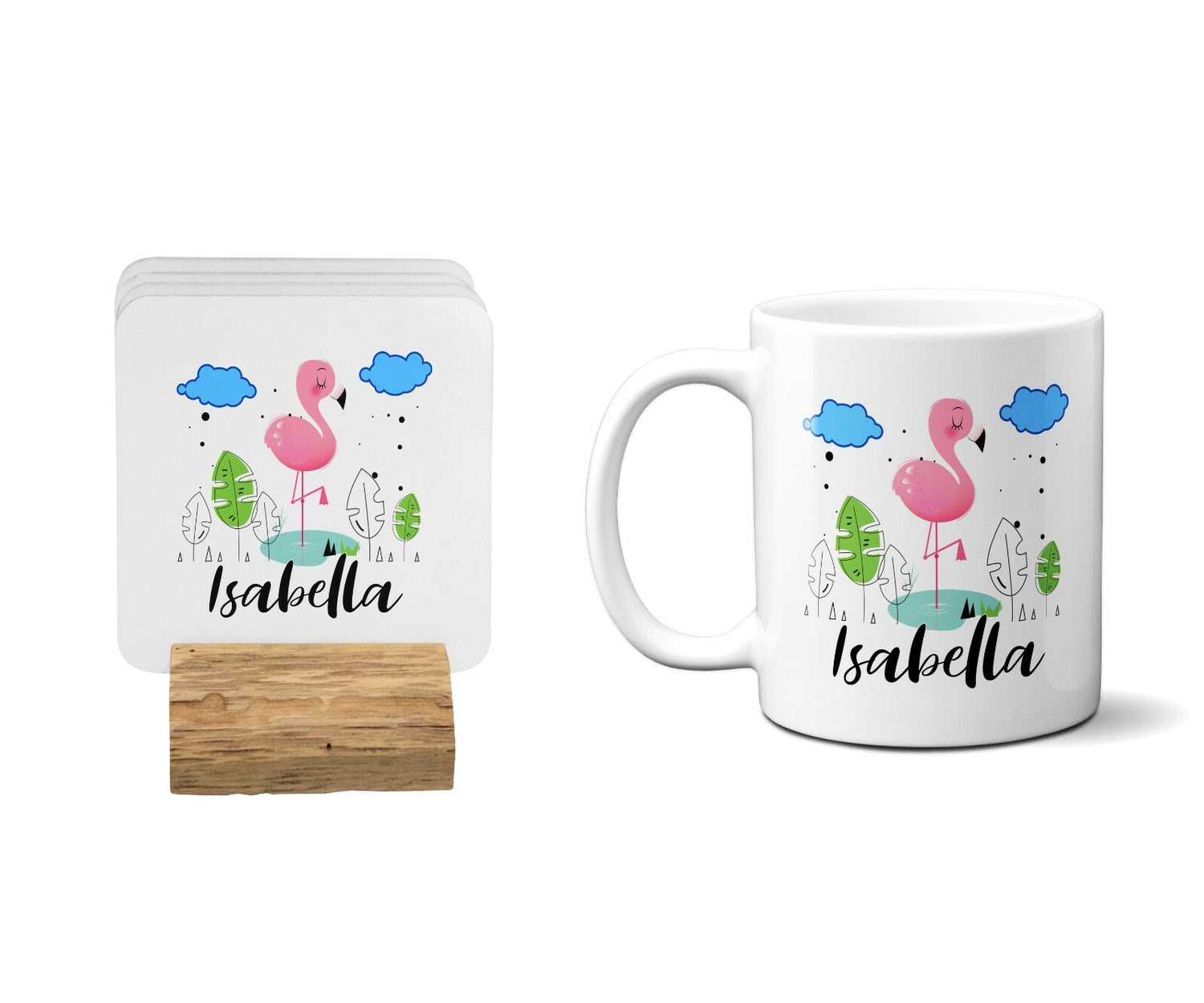 Personalised Name Flamingo Cute Coffee Tea Mug Gift 11oz Mug + Coaster