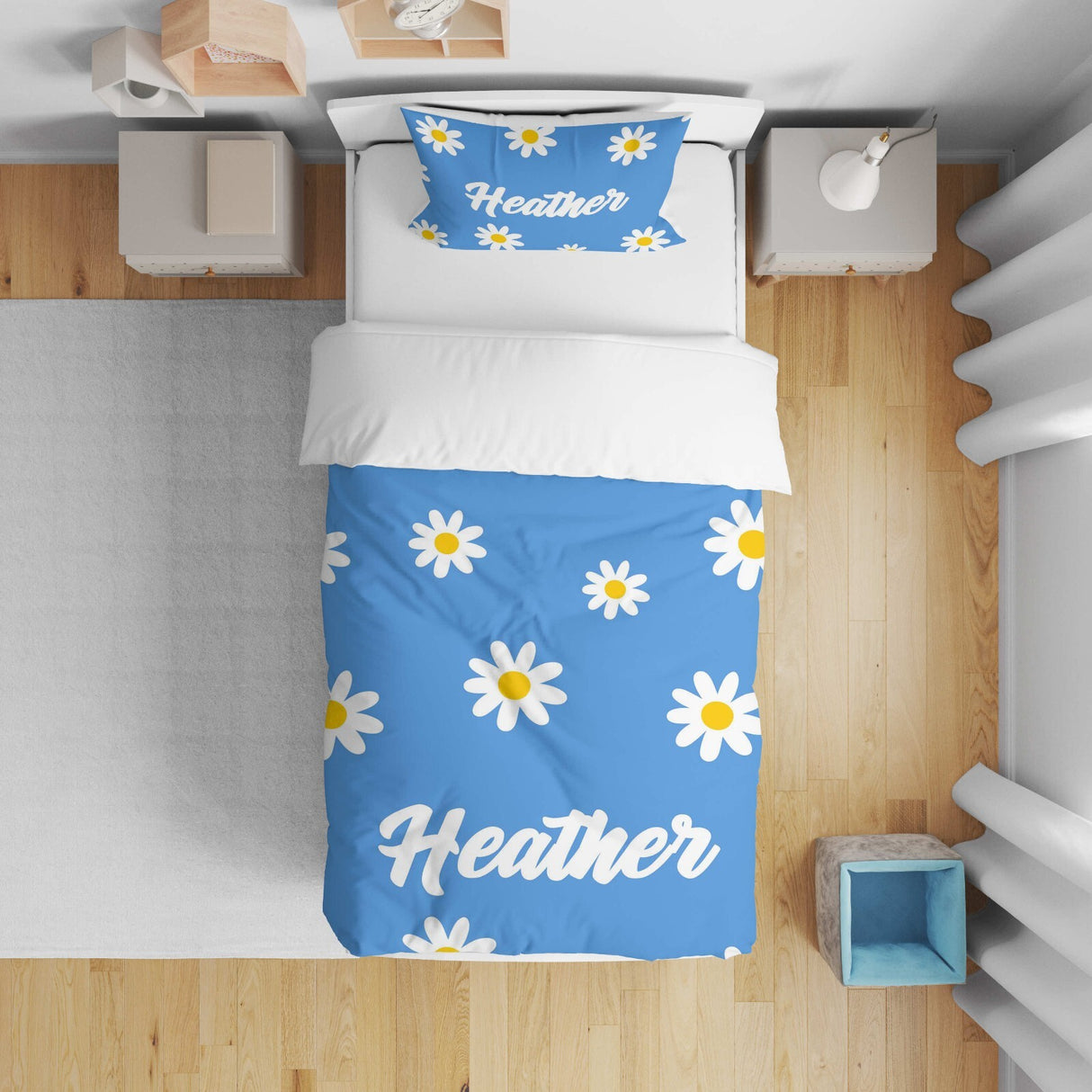 Personalised Custom Name Colour Floral Daisies Cot Bed Duvet Cover + Pillowcase