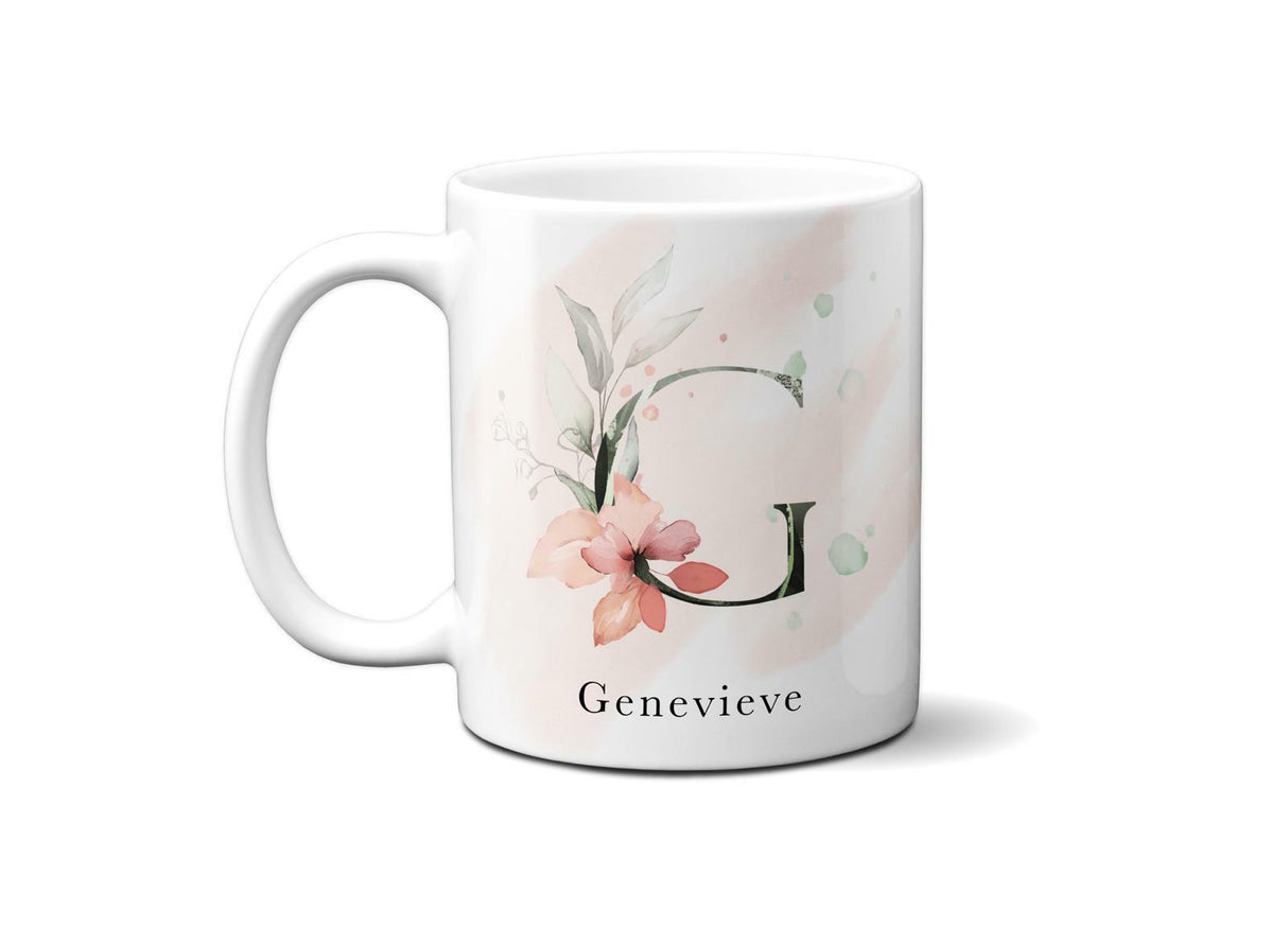 Gentle Touch Blush Pink Design Name Initial Letter Coffee Mug Gift 11oz Ceramic