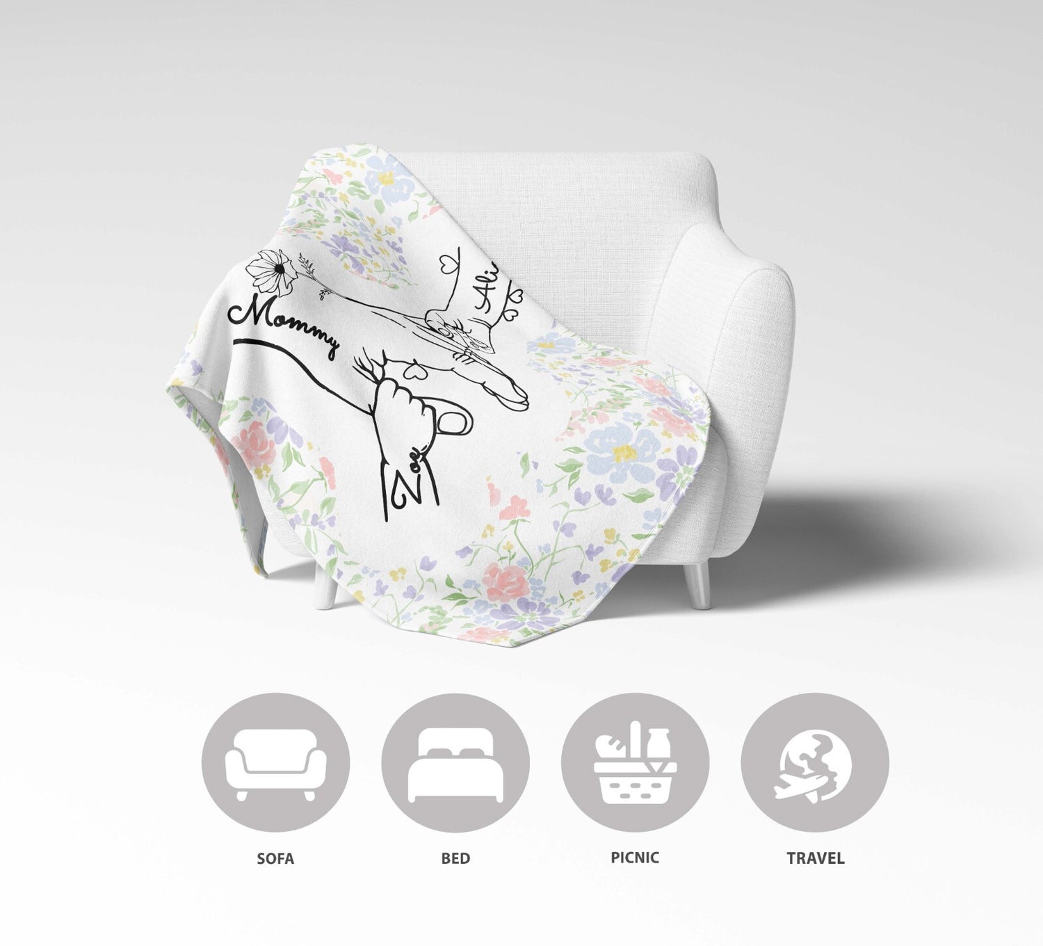 Mother's Day Custom Name Floral Soft Warm Fleece Memory Blanket Throw Decoration