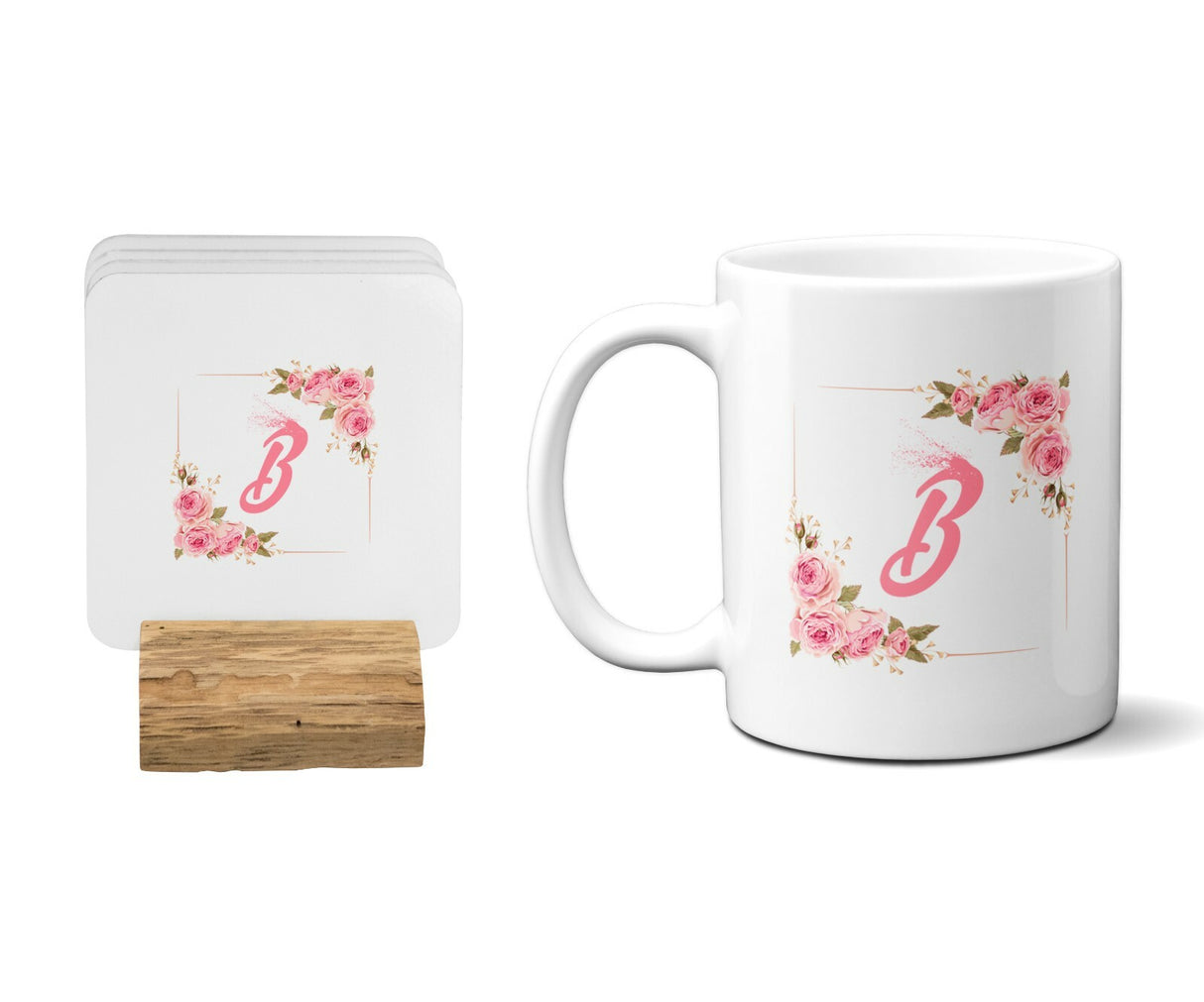 Floral Roses Square Border Initial Coffee Tea 11oz Mug And Coaster Set Option