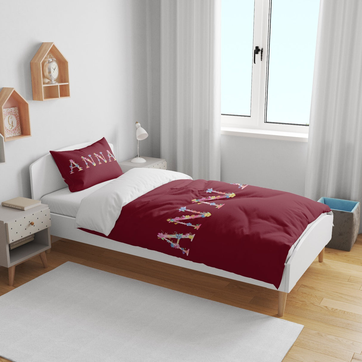 Personalised Name Pink Floral Font Toddler Cot Bedding Duvet Cover + Pillowcase