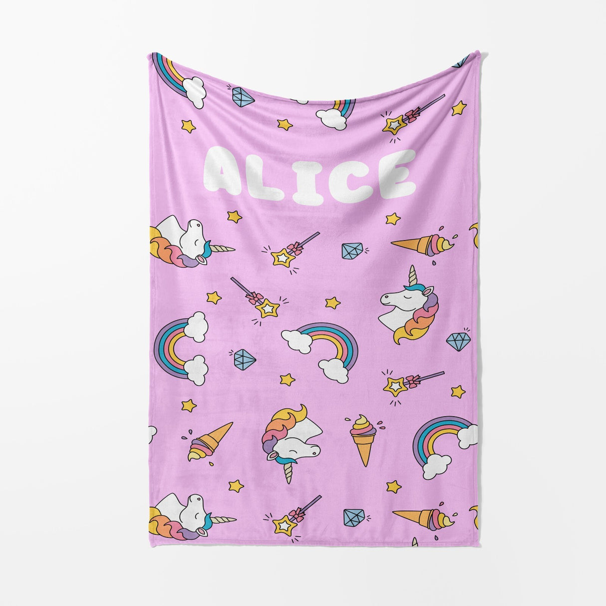 Personalised Custom Name Colour Unicorn Ice Cream Soft Warm Fleece Blanket Decor