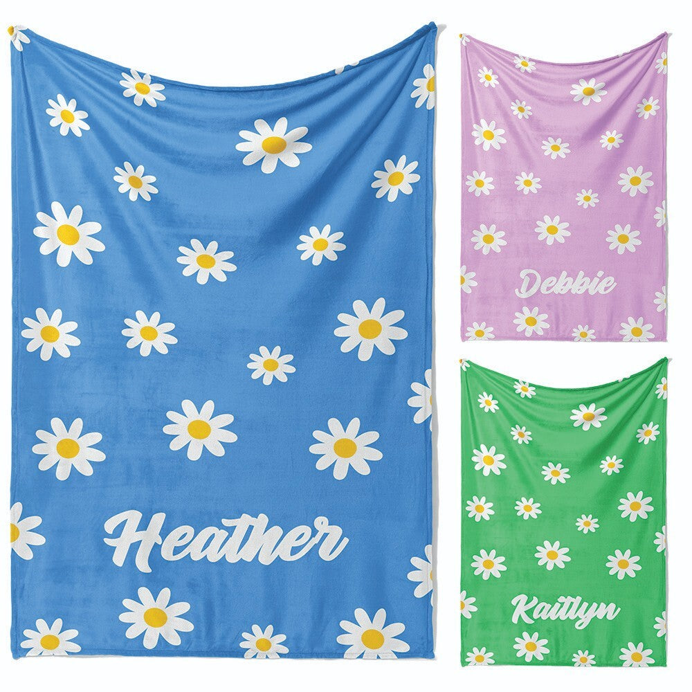 Personalised Custom Name Colour Floral Daisies Soft Warm Fleece Blanket Decor